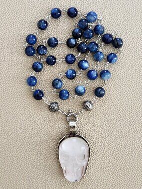 KYANITE STONE NECKLACE W/ SKULL PENDANT-24"
